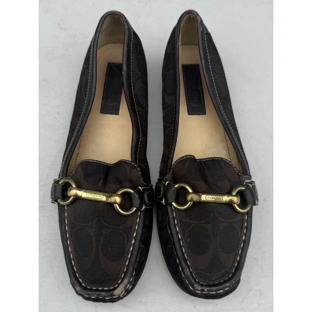 Coach Womens Loafers Chocolate Brown Signature Logo Gold Hamptons Hardware 8.5
